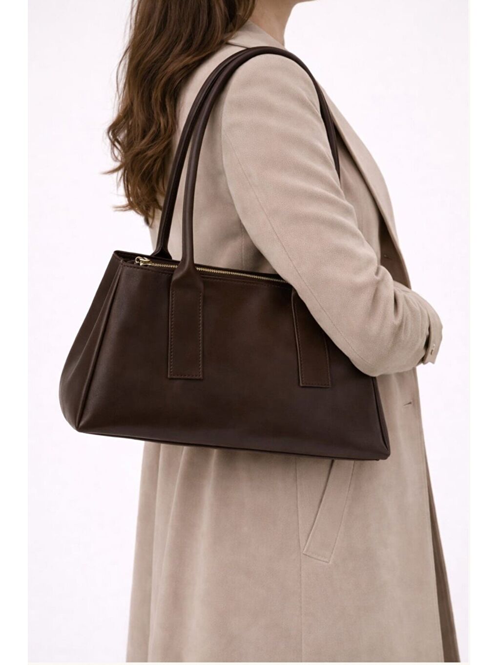 Kahverengi Kadın Minimalist Baget Omuz Çantası - Modern Tasarım El ve Kol Çantası 12660-1