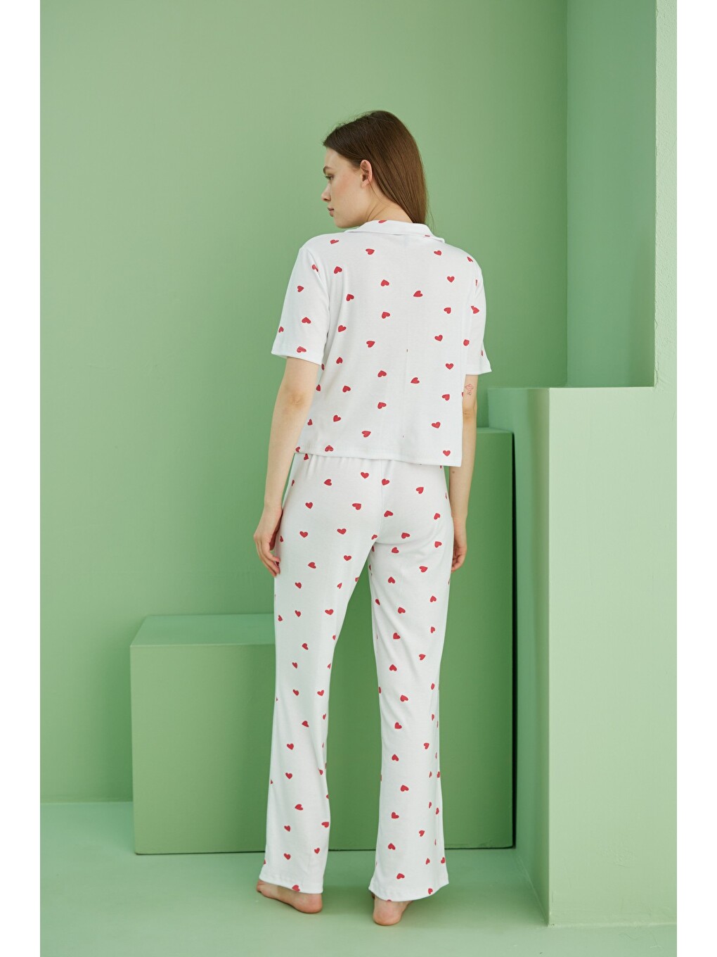 Beyaz Fitilli Kaşkorse Örme Düğmeli Gömlek Yaka Pijama Takım-3