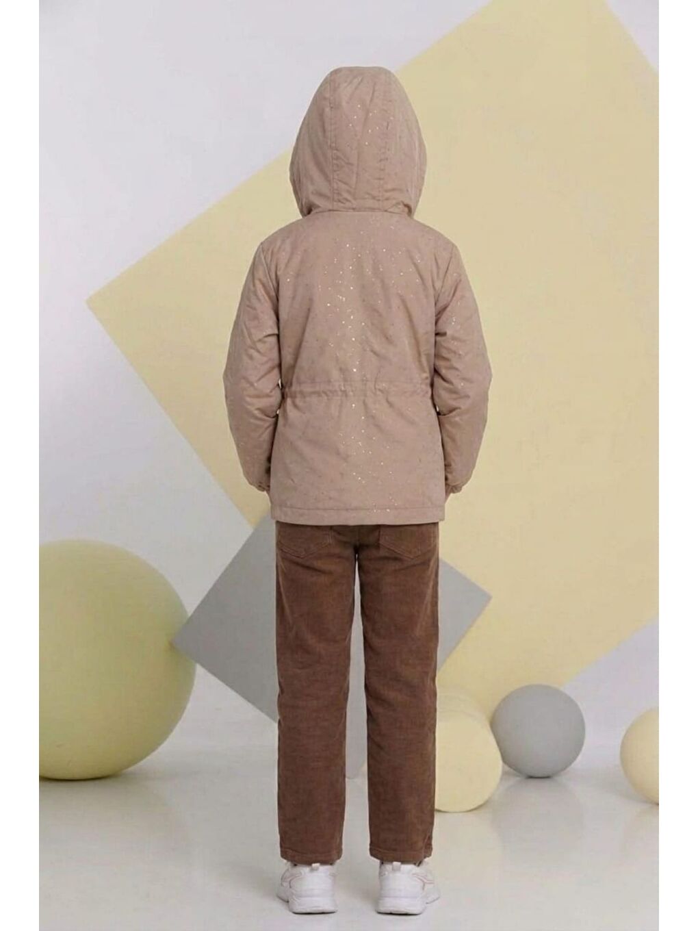 Bej Kız Çocuk Nova Kumaş Taşlı Trençkot ,Penye, Keten Pantolonlu Alt Üst Takım TKM1011-3
