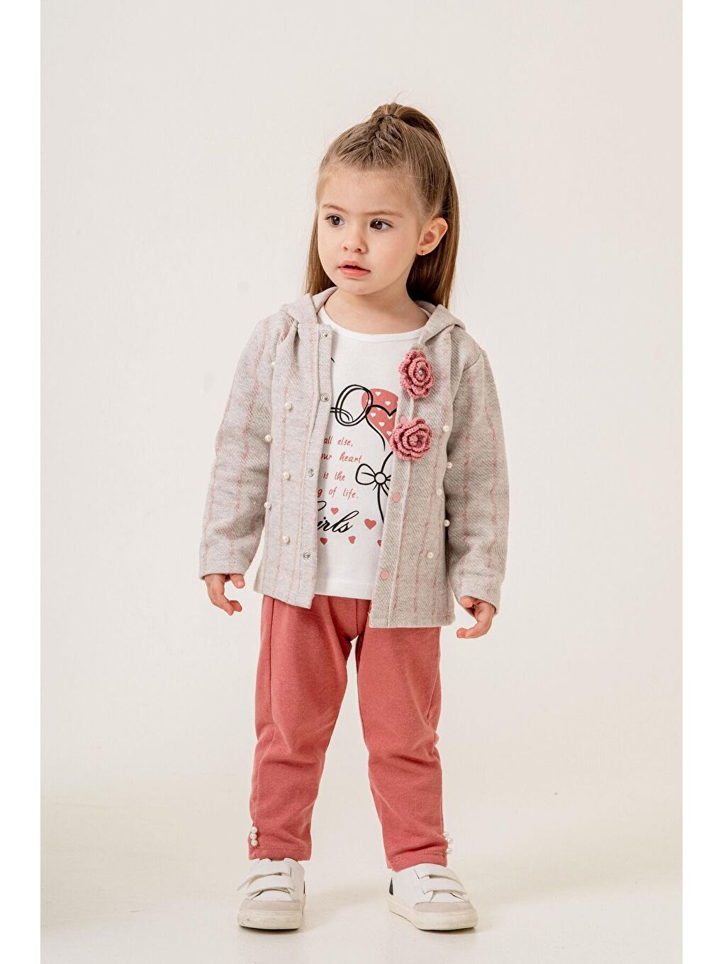 Pembe %100 Pamuklu Ekose Kumaş Bebek Üçlü Takım