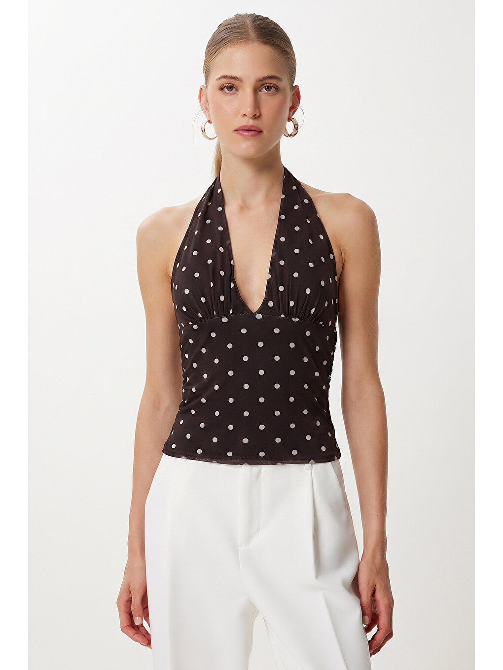Kahverengi Puantiye Desenli Crop Tül Bluz KAHVERENGİ LFW0023