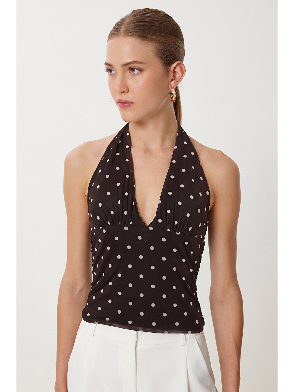 Kahverengi Puantiye Desenli Crop Tül Bluz KAHVERENGİ LFW0023-1