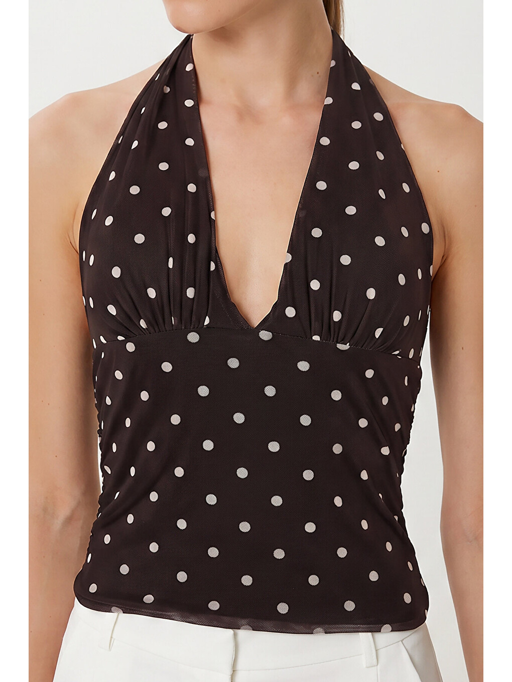 Kahverengi Puantiye Desenli Crop Tül Bluz KAHVERENGİ LFW0023-2