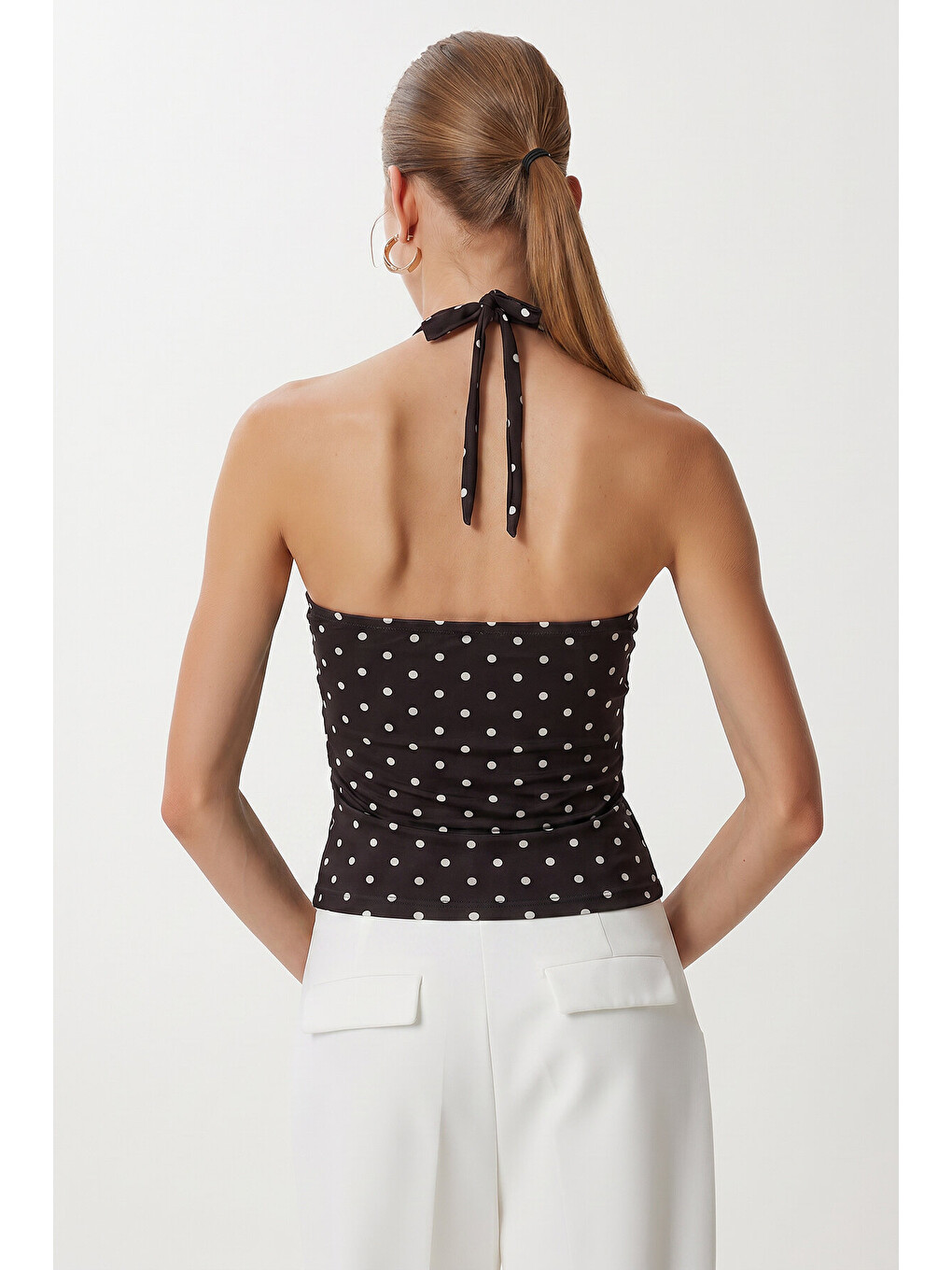 Kahverengi Puantiye Desenli Crop Tül Bluz KAHVERENGİ LFW0023-3