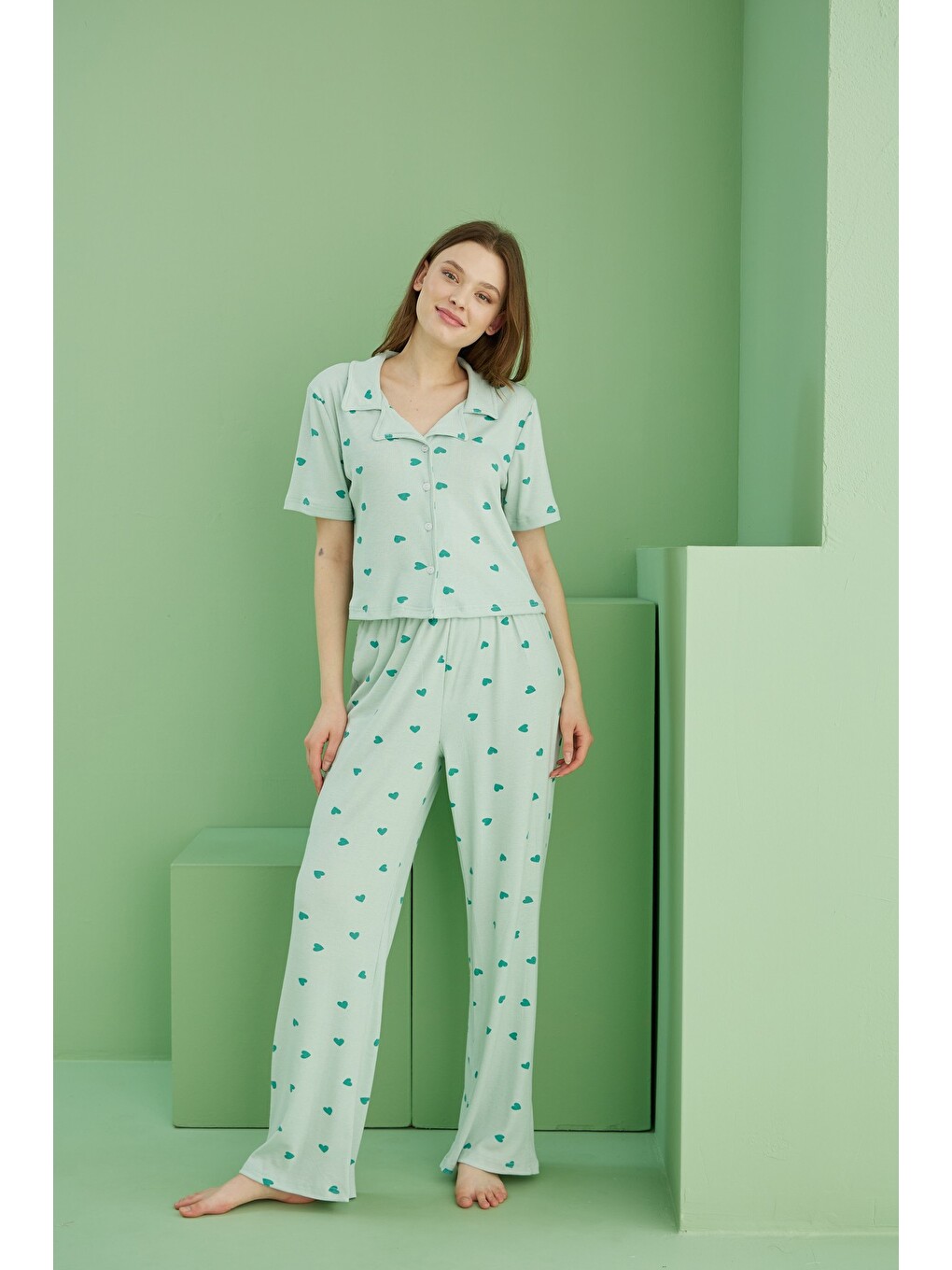 Yeşil Fitilli Kaşkorse Örme Düğmeli Gömlek Yaka Pijama Takım-2