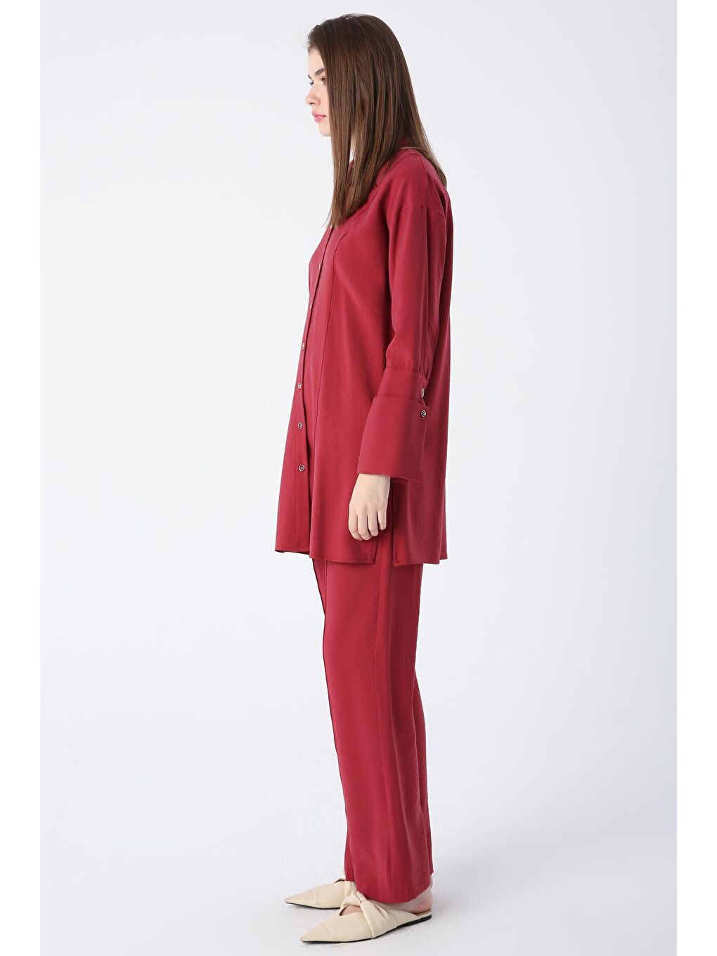 Bordo Geniş Manşetli Nervür Dikişli Viskon Pantolonlu Takım-2