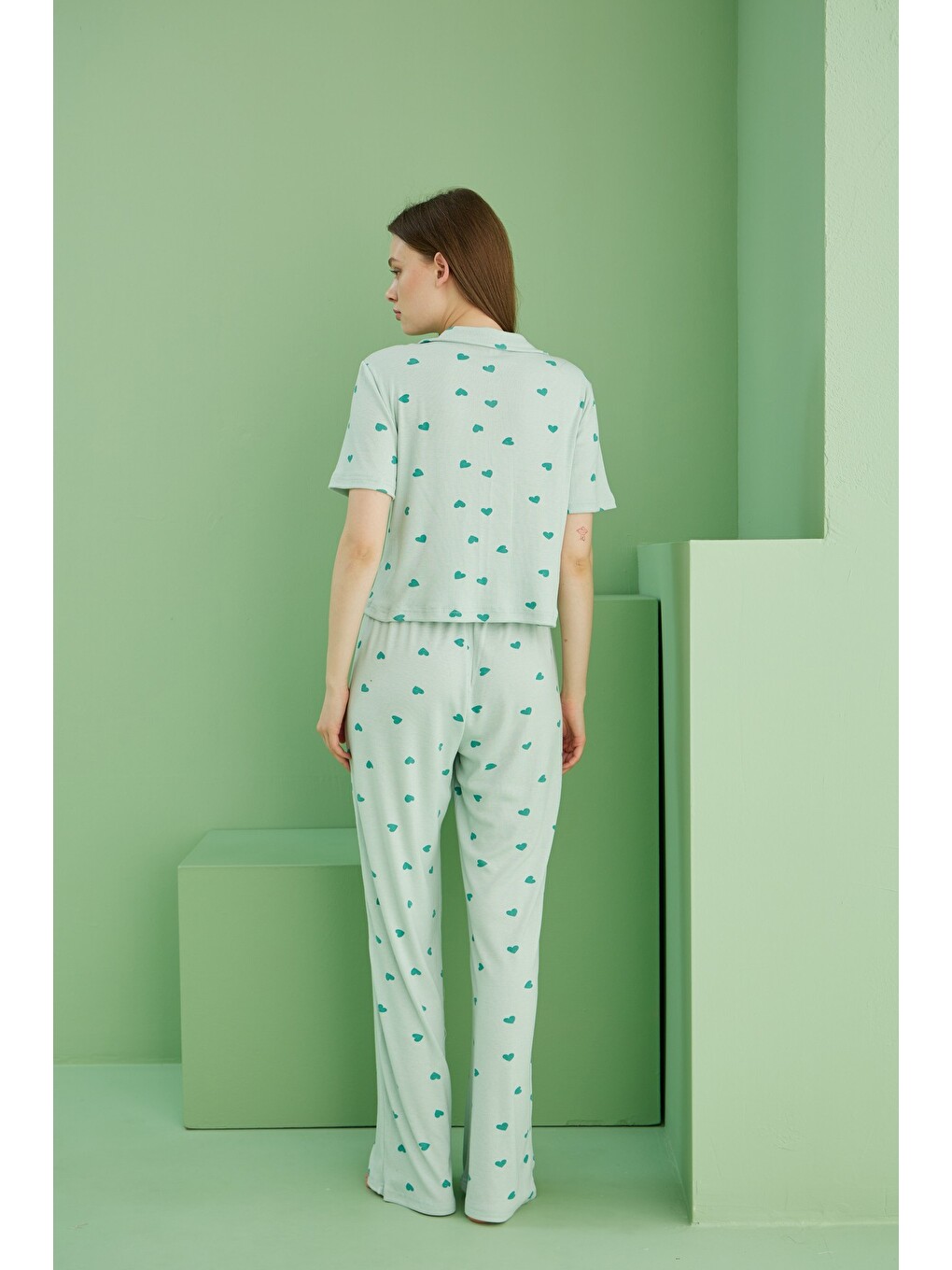 Yeşil Fitilli Kaşkorse Örme Düğmeli Gömlek Yaka Pijama Takım-3