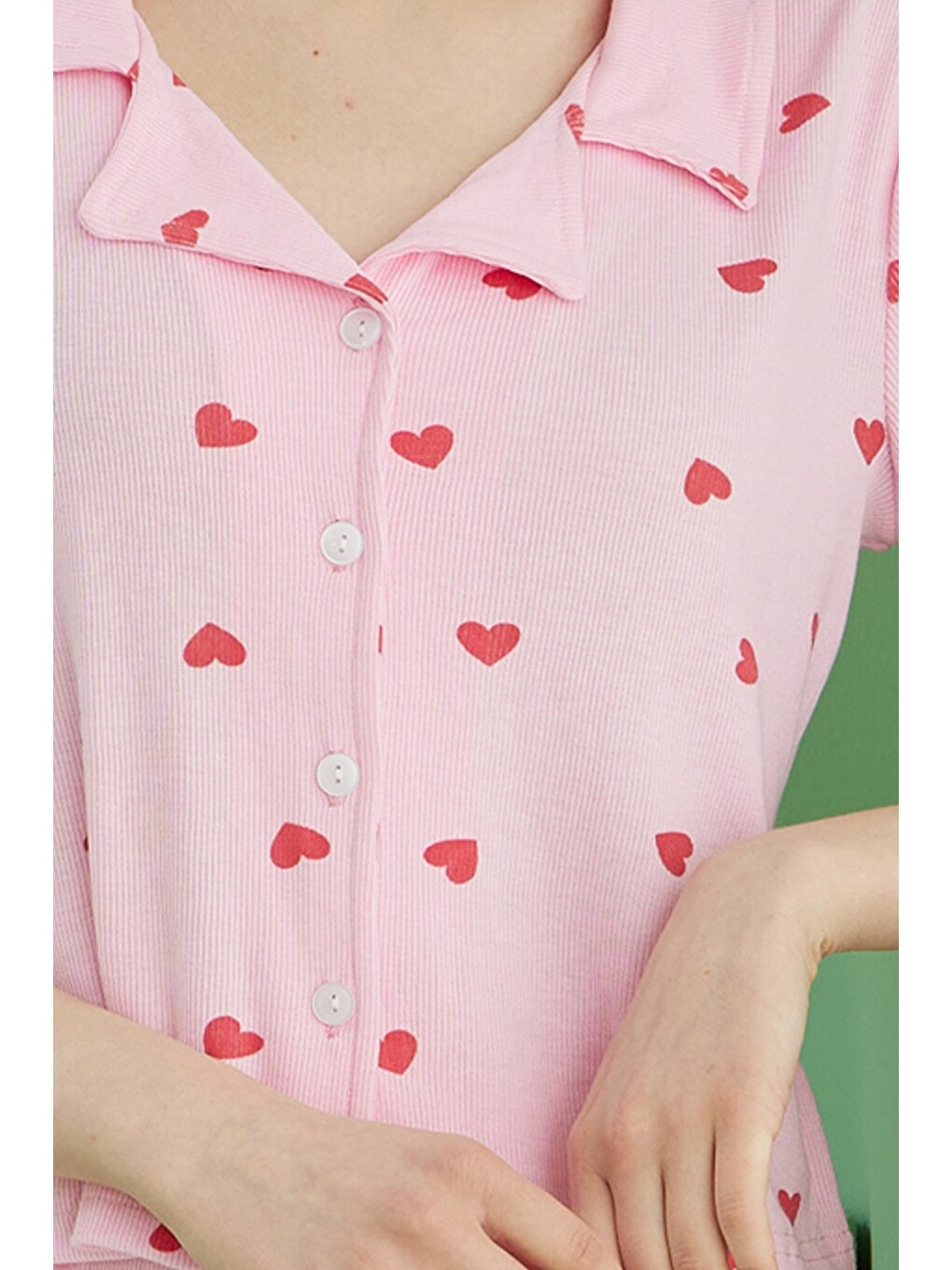 Pembe Fitilli Kaşkorse Örme Düğmeli Gömlek Yaka Pijama Takım-1