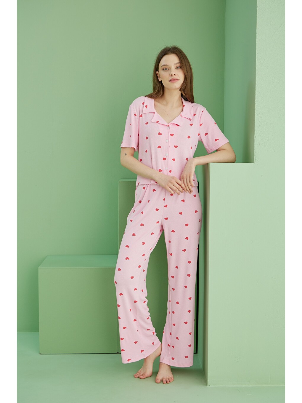 Pembe Fitilli Kaşkorse Örme Düğmeli Gömlek Yaka Pijama Takım-2