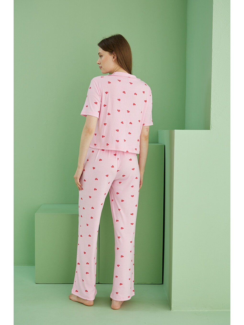 Pembe Fitilli Kaşkorse Örme Düğmeli Gömlek Yaka Pijama Takım-3