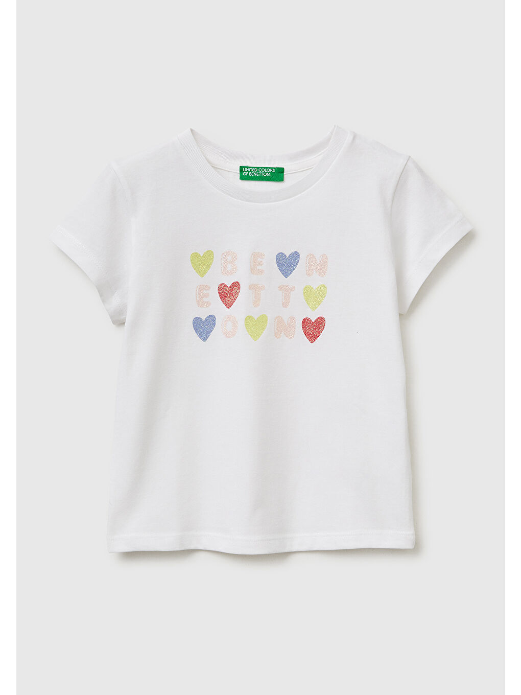 Kız Çocuk Beyaz Simli Grafik Baskılı Kısa Kollu Ribanalı Yaka T-Shirt