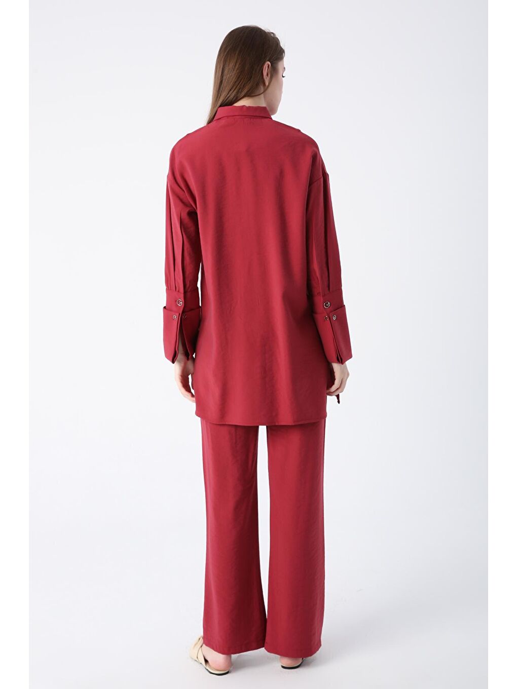 Bordo Geniş Manşetli Nervür Dikişli Viskon Pantolonlu Takım-3