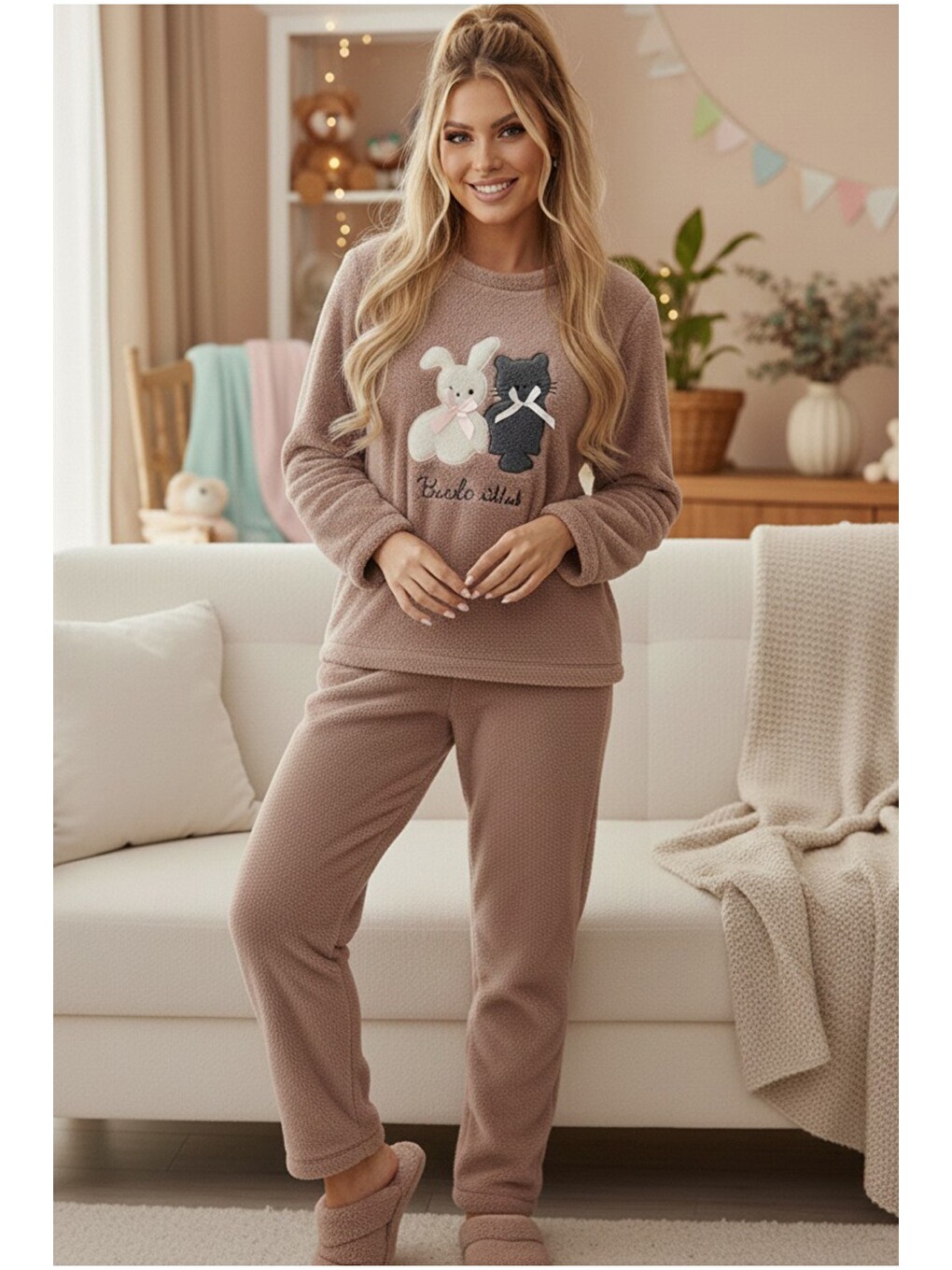 Pembe Wellsoft Kışlık Örme Pijama Takım-1