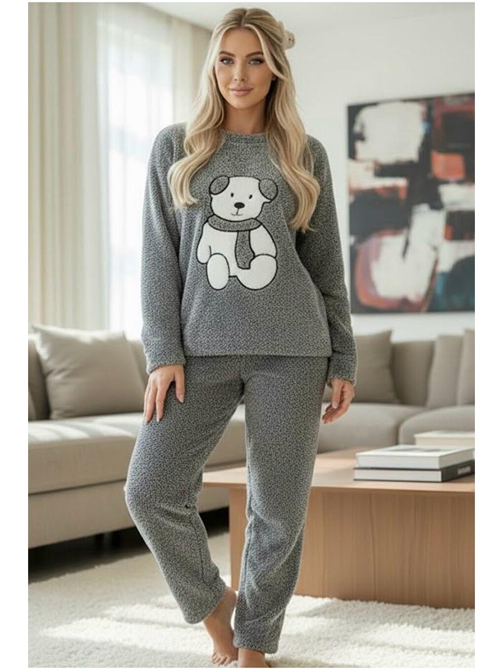 Gri Kırçıllı Nakışlı Wellsoft Kışlık Örme Pijama Takım-1