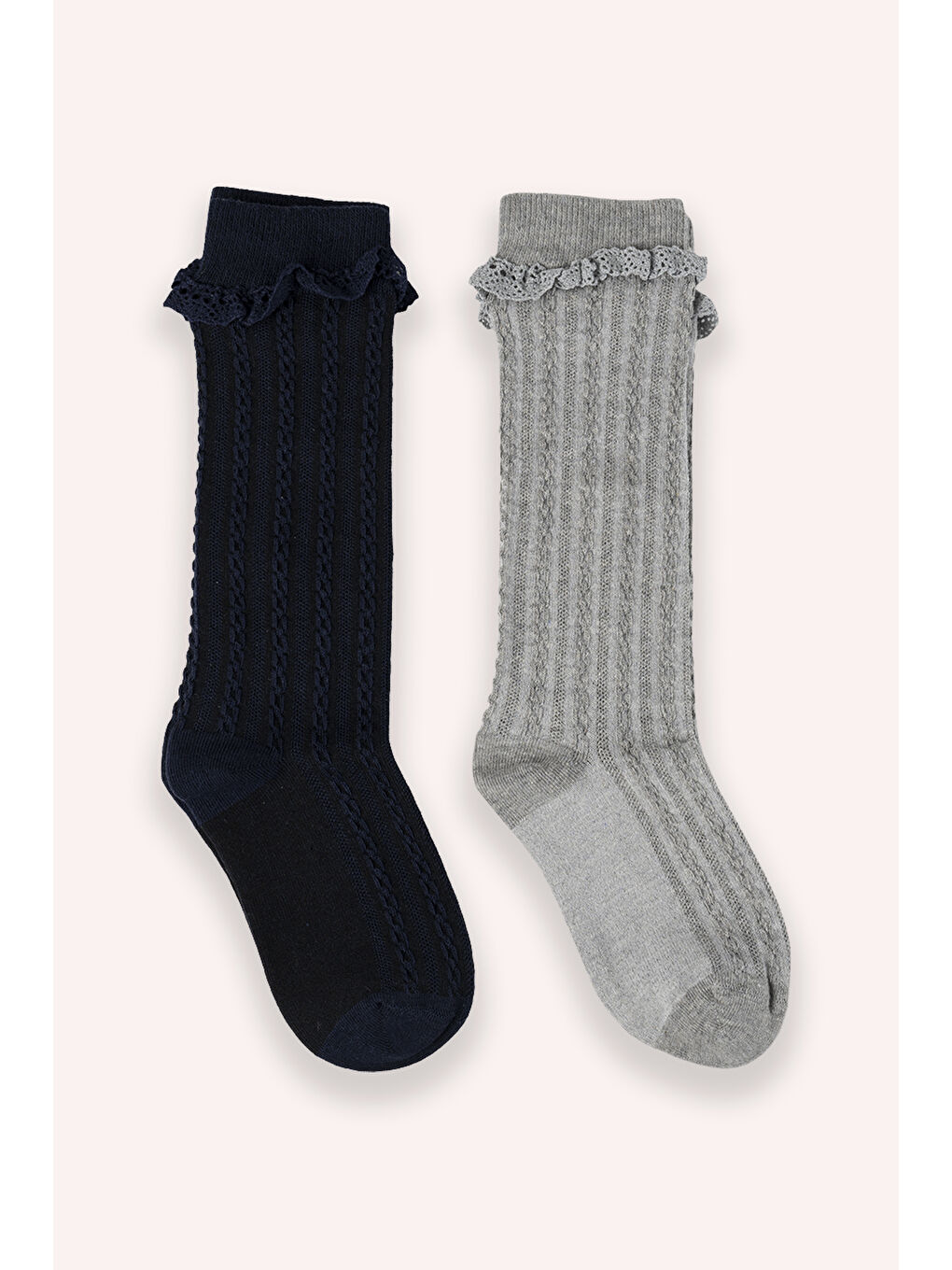 Kız Çocuk Dantelli Diz Altı Lacivert-Gri Çorap
