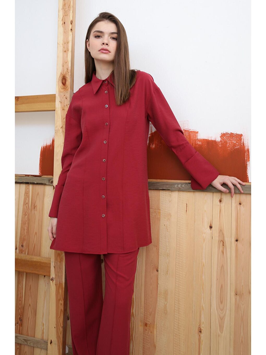 Bordo Geniş Manşetli Nervür Dikişli Viskon Pantolonlu Takım-4