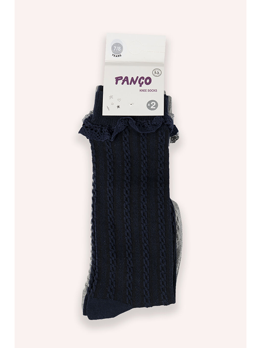 Kız Çocuk Dantelli Diz Altı Lacivert-Gri Çorap-1