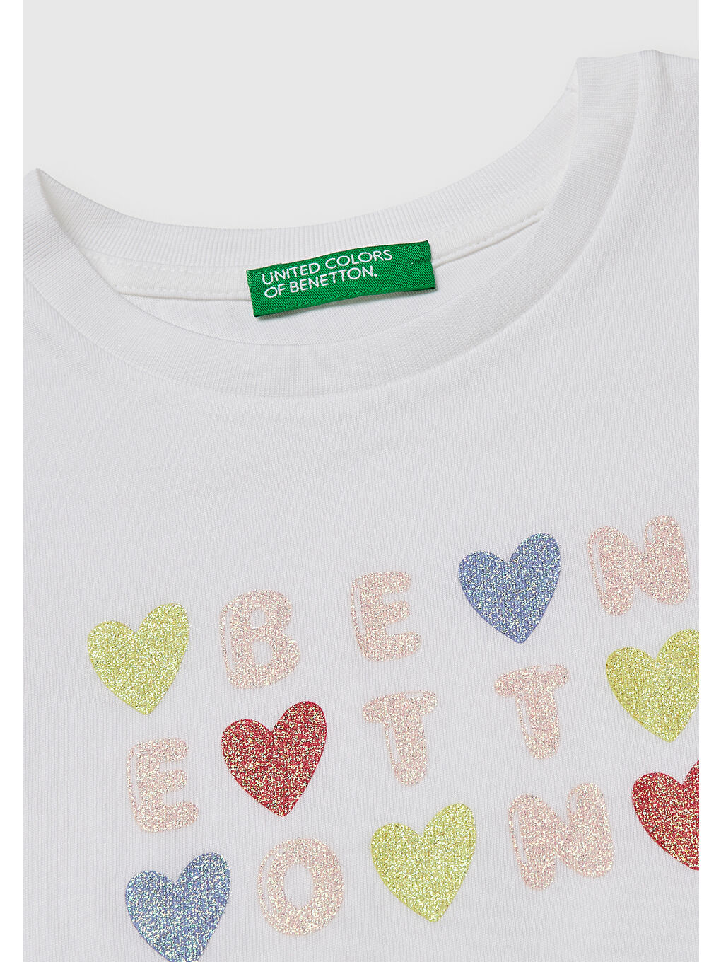 Kız Çocuk Beyaz Simli Grafik Baskılı Kısa Kollu Ribanalı Yaka T-Shirt-2