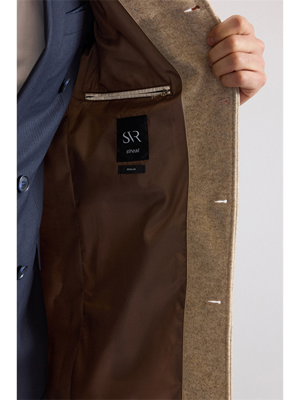 Bej Regular Hakim Yaka Düz Yan Cepli Kaban-4