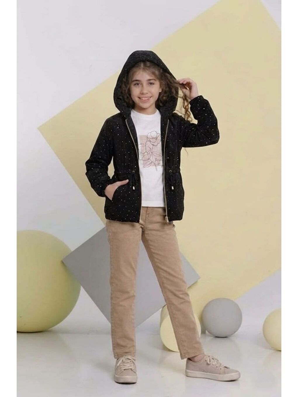 Siyah Kız Çocuk Nova Kumaş Taşlı Trençkot ,Penye, Keten Pantolonlu Alt Üst Takım TKM1011-1