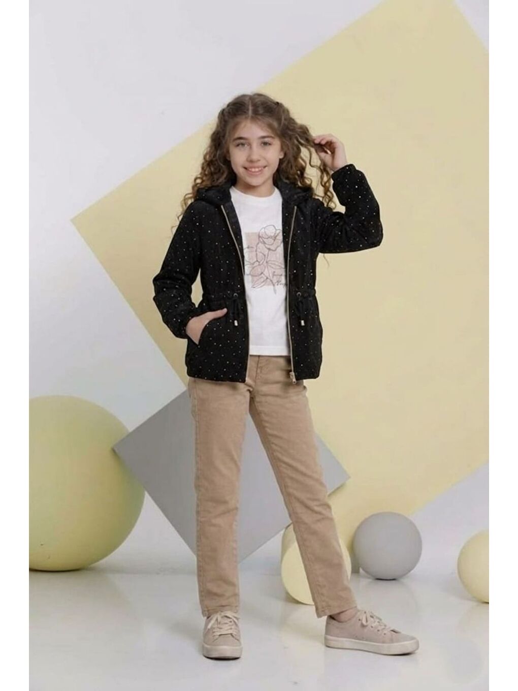 Siyah Kız Çocuk Nova Kumaş Taşlı Trençkot ,Penye, Keten Pantolonlu Alt Üst Takım TKM1011-2