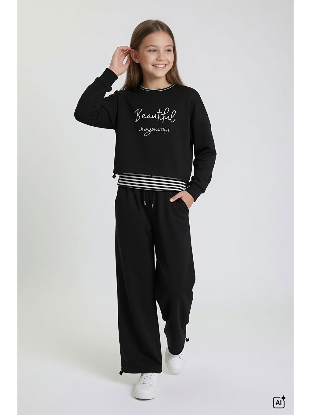 Siyah Kız Çocuk Çizgili Croplu Sweatshirt 3lü Geniş Paça Eşofman Takımı 24775