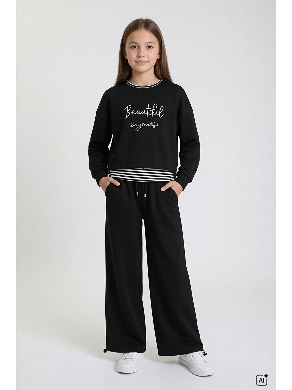 Siyah Kız Çocuk Çizgili Croplu Sweatshirt 3lü Geniş Paça Eşofman Takımı 24775-1