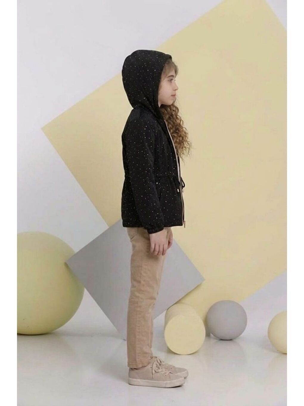 Siyah Kız Çocuk Nova Kumaş Taşlı Trençkot ,Penye, Keten Pantolonlu Alt Üst Takım TKM1011-4