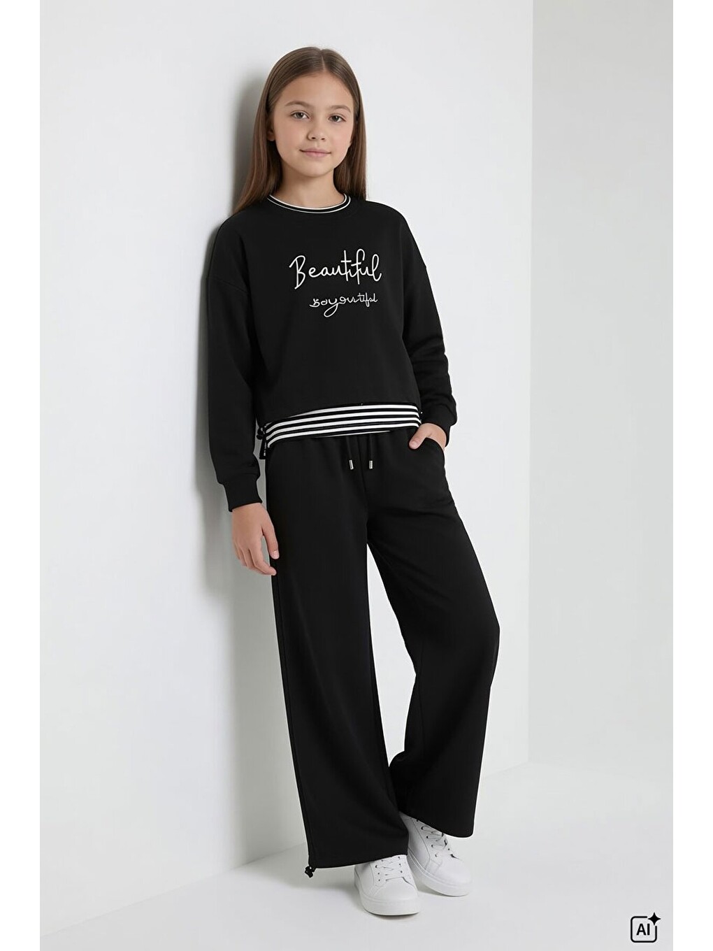 Siyah Kız Çocuk Çizgili Croplu Sweatshirt 3lü Geniş Paça Eşofman Takımı 24775-2