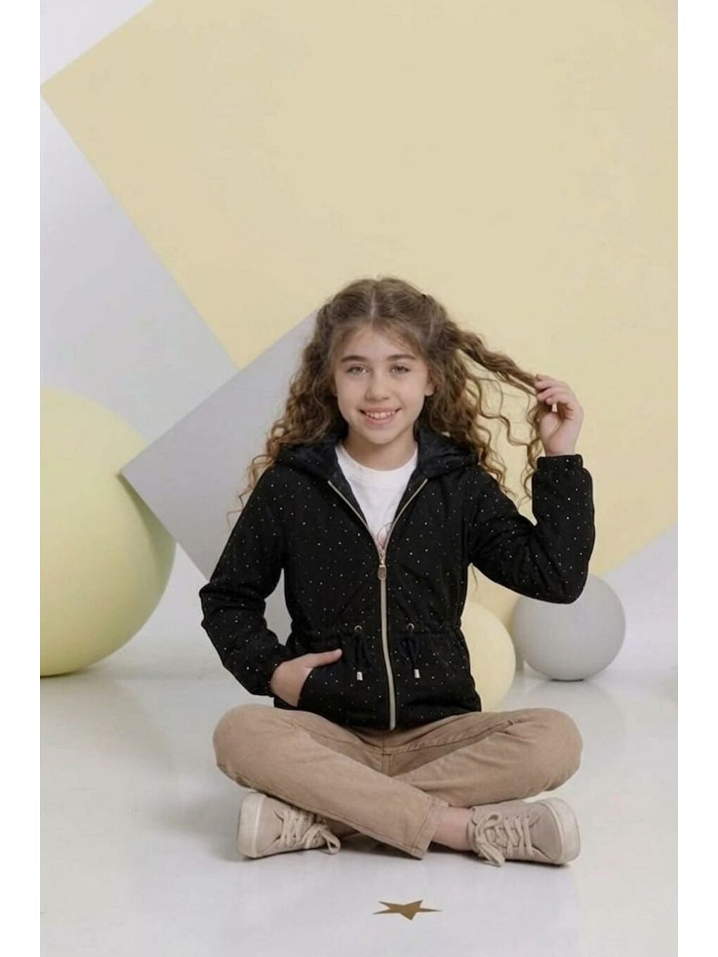 Siyah Kız Çocuk Nova Kumaş Taşlı Trençkot ,Penye, Keten Pantolonlu Alt Üst Takım TKM1011-5