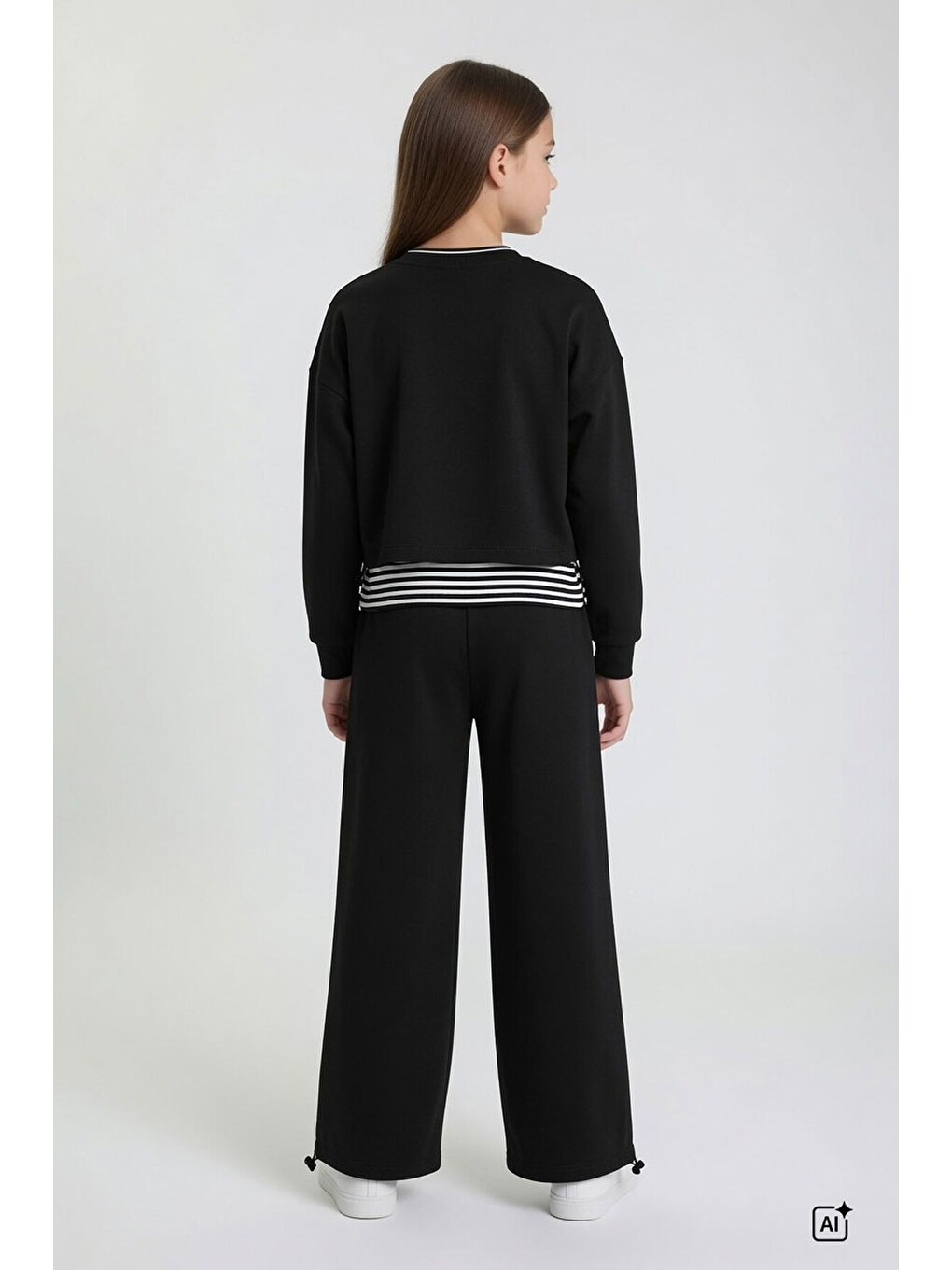 Siyah Kız Çocuk Çizgili Croplu Sweatshirt 3lü Geniş Paça Eşofman Takımı 24775-4