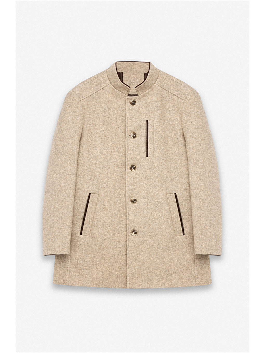 Bej Regular Hakim Yaka Düz Yan Cepli Kaban-7