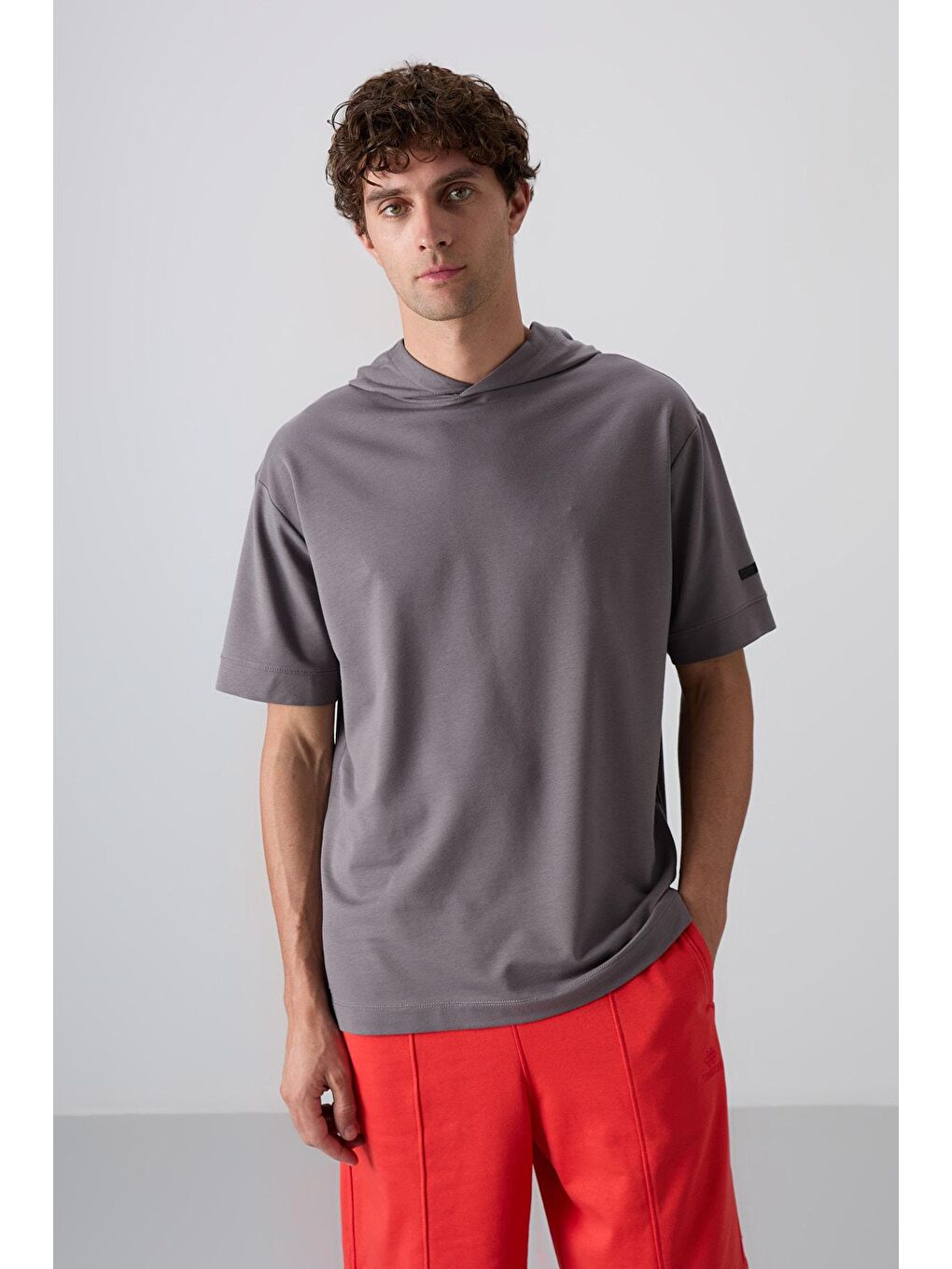 TOMMYLIFE Koyu Gri Pamuklu Kalın Yumuşak Dokulu Oversize Fit Basic Erkek T-Shirt - 88352 - 3