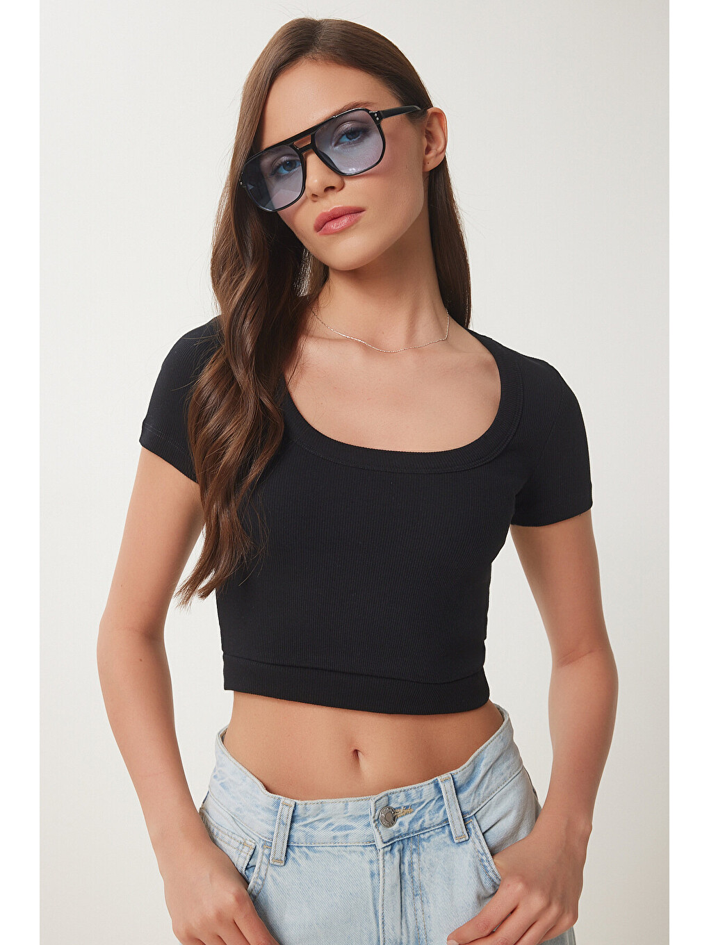 Siyah Basic Fitilli Crop Örme Bluz SİYAH LUS0109