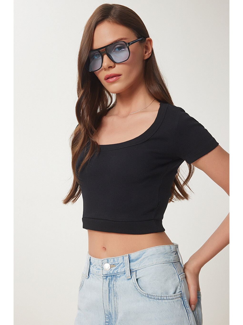 Siyah Basic Fitilli Crop Örme Bluz SİYAH LUS0109-1