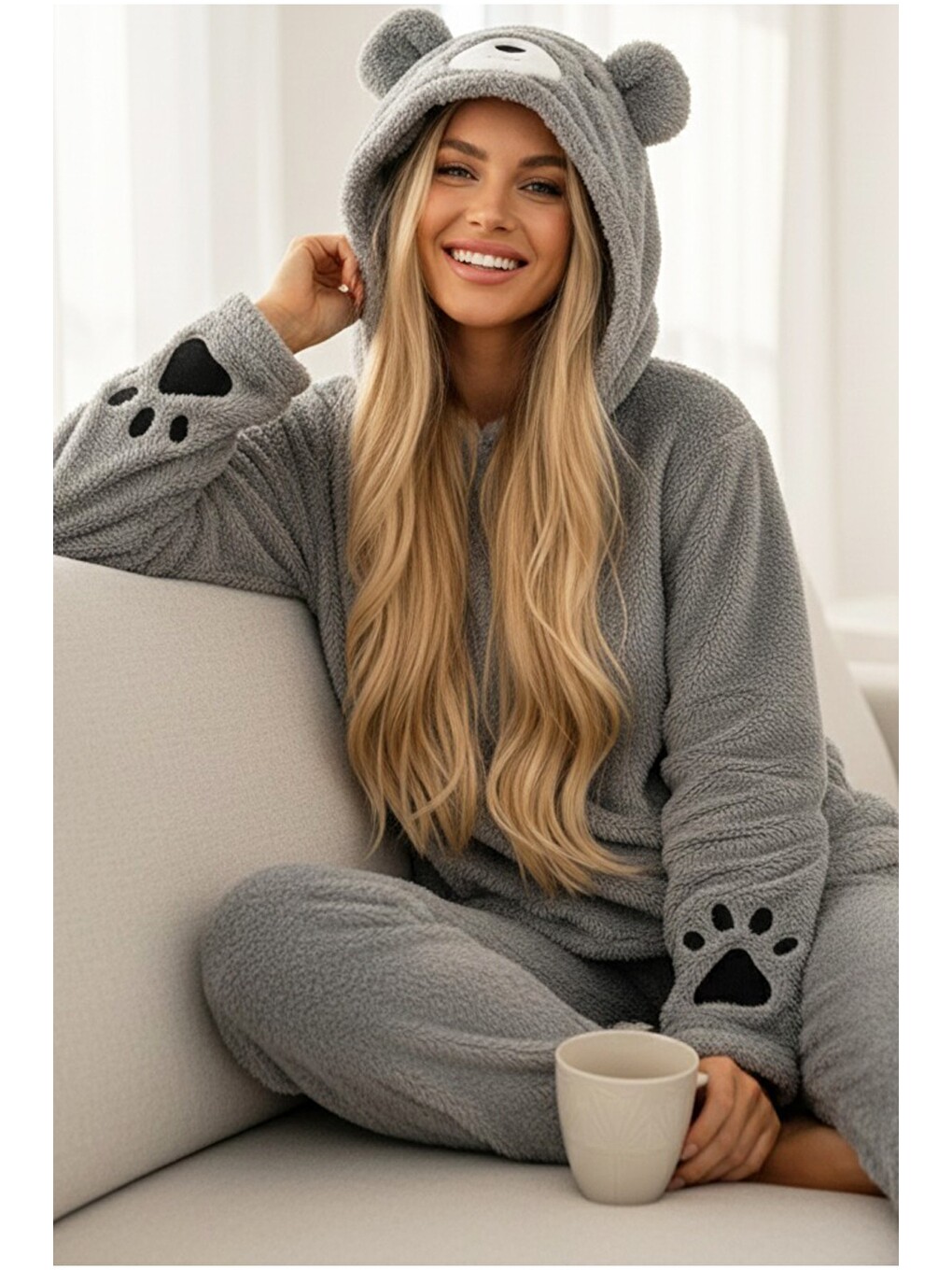 Gri Kapüşonlu Nakışlı Wellsoft Kışlık Örme Pijama Takım