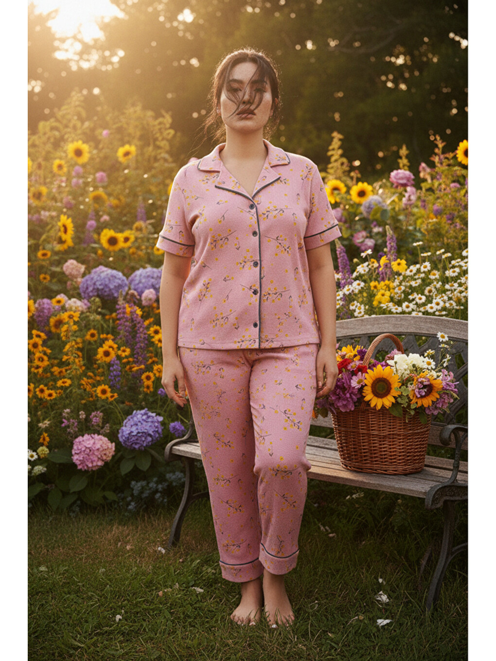 Pembe Desenli Bürümcük-krınkıl Büyük Beden Battal Düğmeli Biyeli Pijama Takım 26120825-1