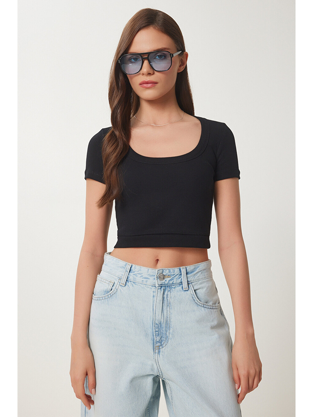 Siyah Basic Fitilli Crop Örme Bluz SİYAH LUS0109-2