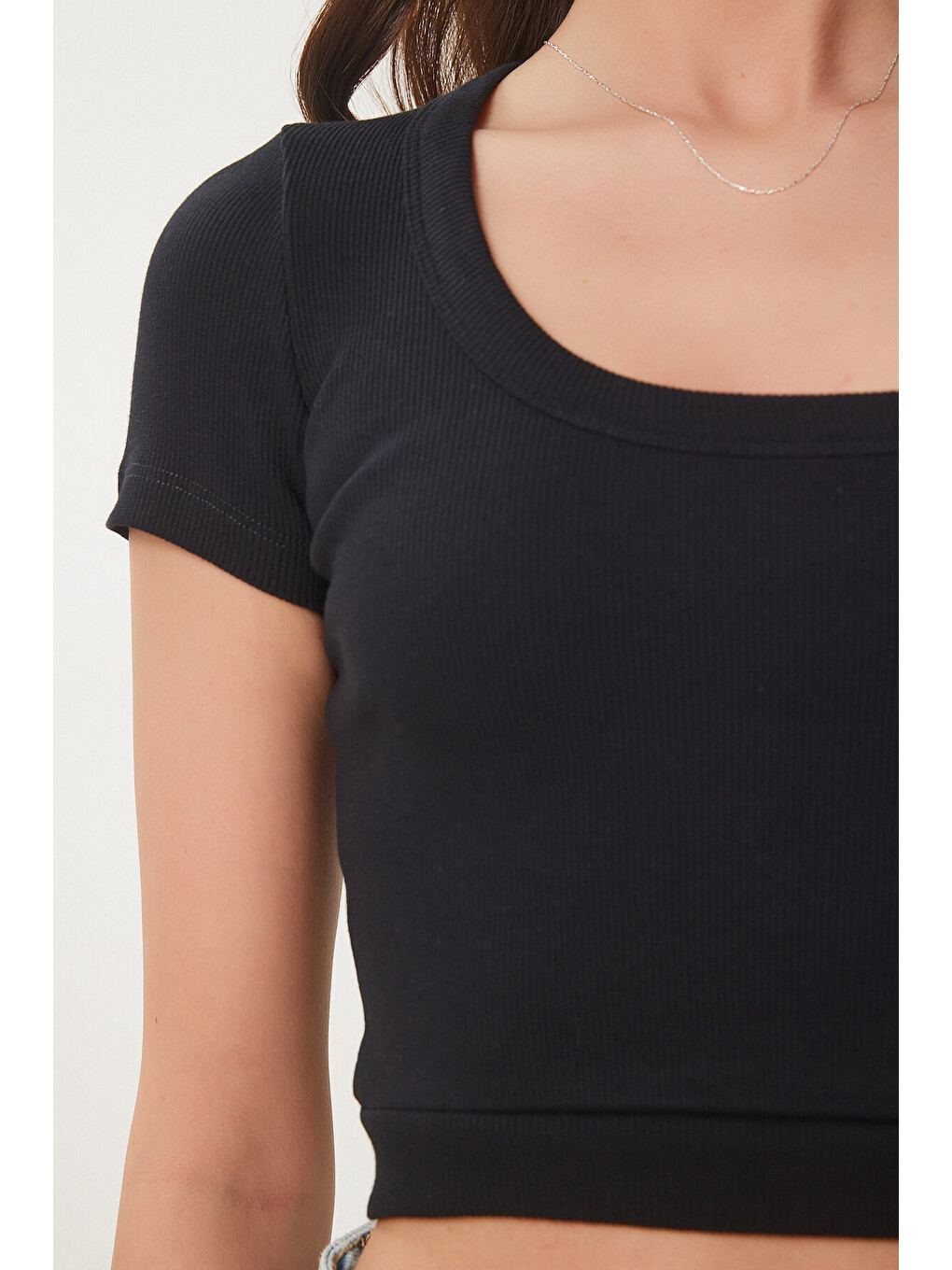 Siyah Basic Fitilli Crop Örme Bluz SİYAH LUS0109-3