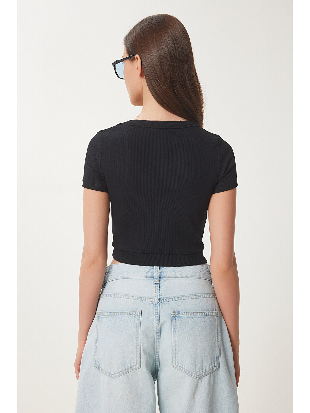 Siyah Basic Fitilli Crop Örme Bluz SİYAH LUS0109-4