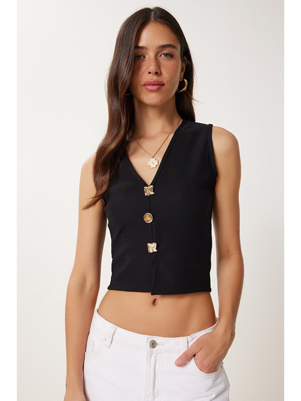 Siyah Dore Düğmeli Fitilli Örme Crop Bluz SİYAH LZV0012