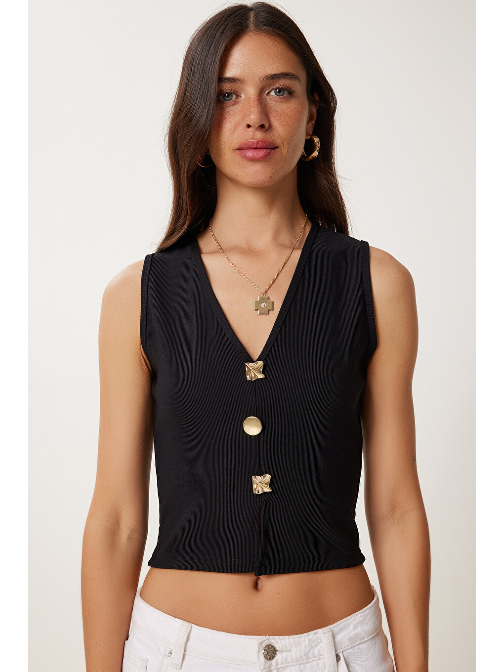 Siyah Dore Düğmeli Fitilli Örme Crop Bluz SİYAH LZV0012-1