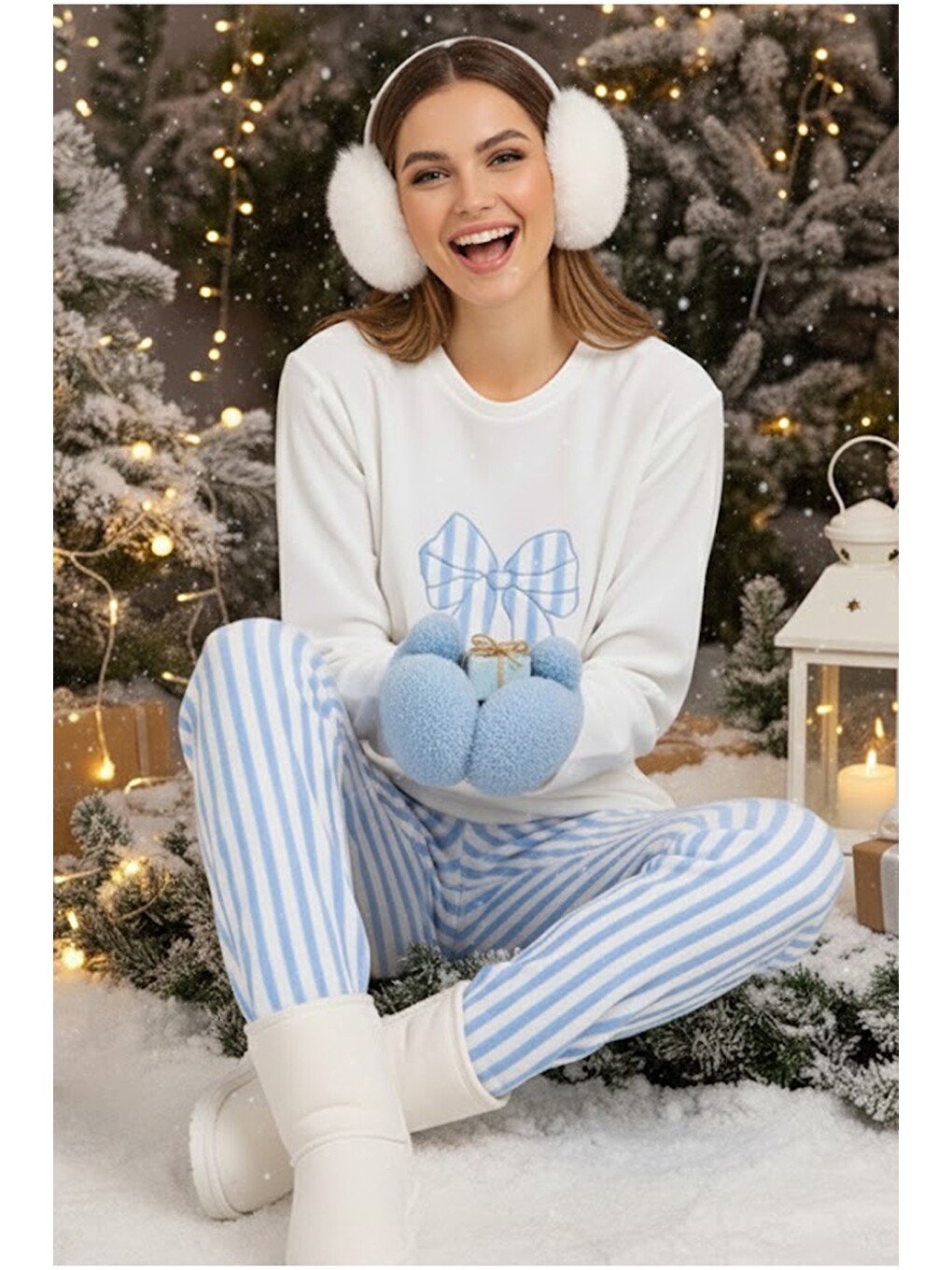 Karışık Polar Kışlık Örme Pijama Takım