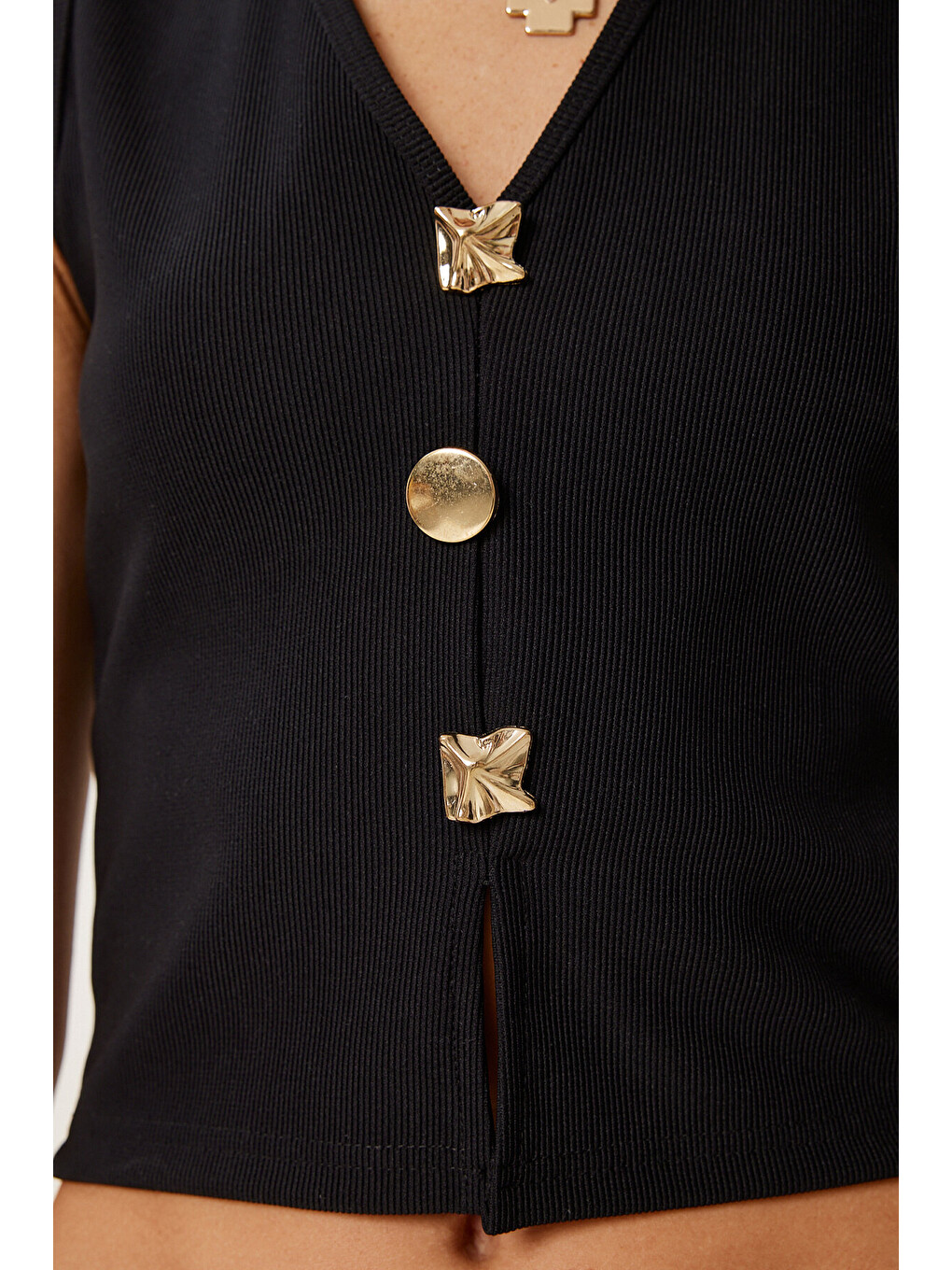 Siyah Dore Düğmeli Fitilli Örme Crop Bluz SİYAH LZV0012-2