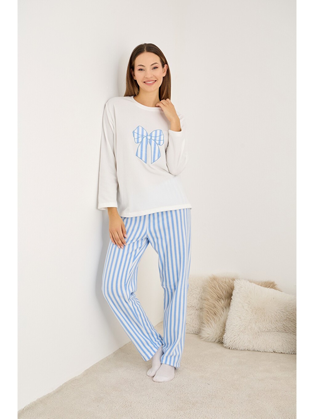 Karışık Polar Kışlık Örme Pijama Takım-1