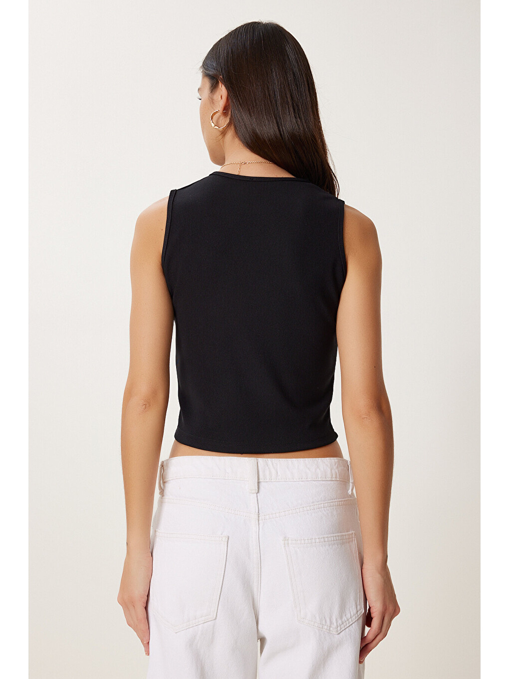 Siyah Dore Düğmeli Fitilli Örme Crop Bluz SİYAH LZV0012-3