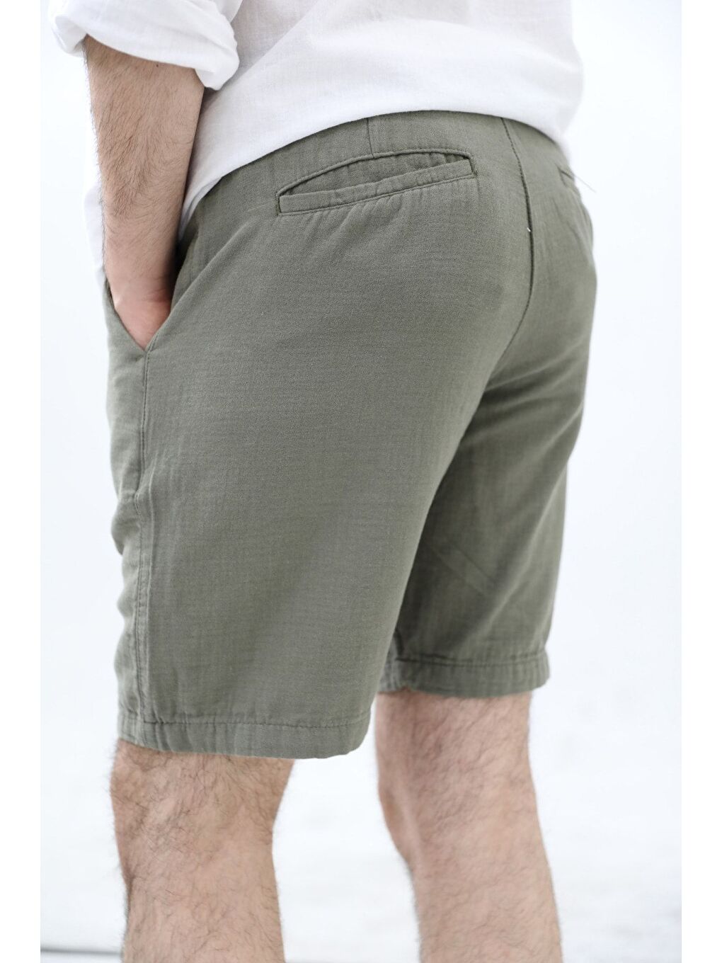 Erkek Haki Musli Bağcıklı Keten Şort-1