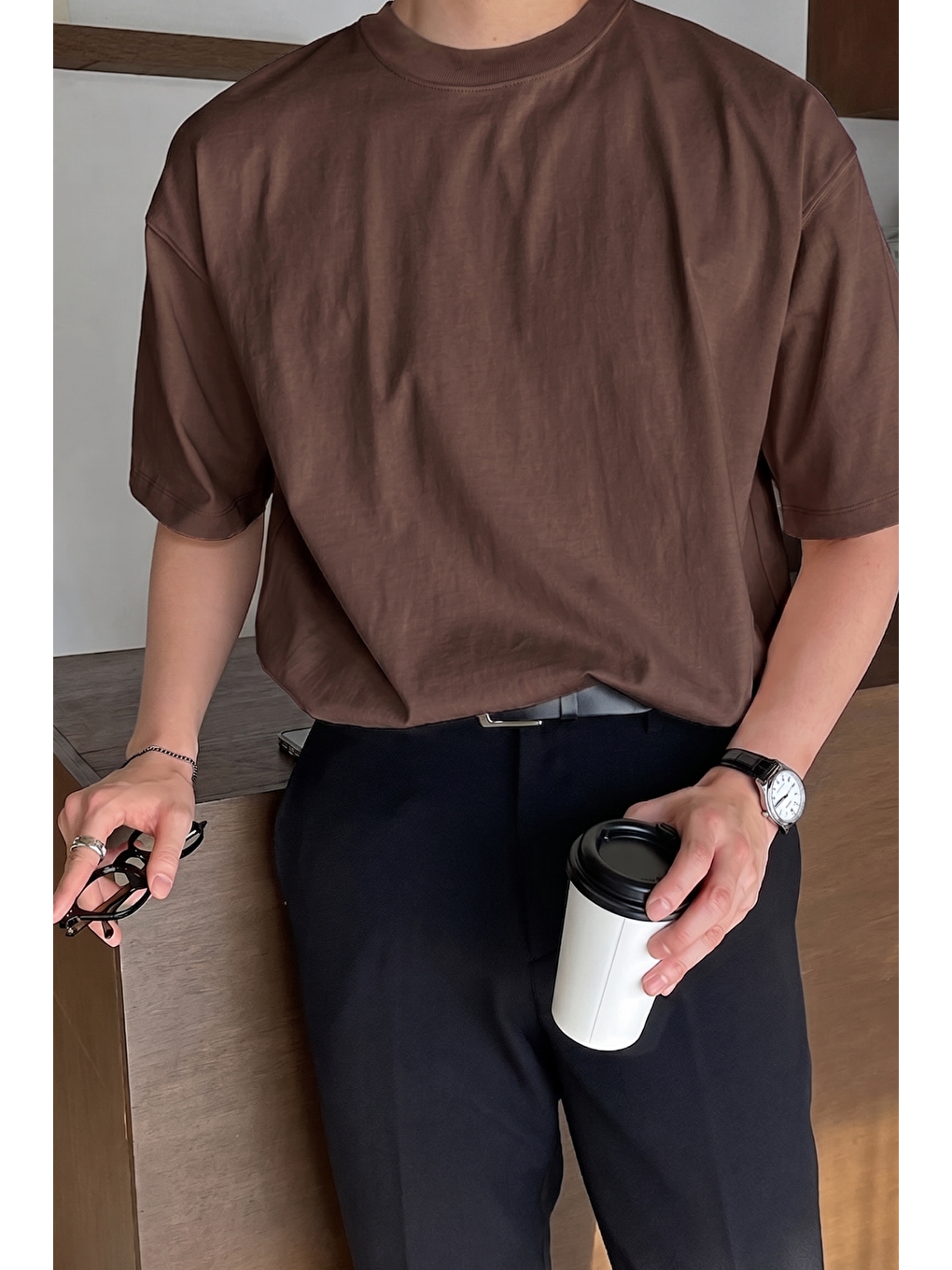 Kahverengi Erkek Oversize Tişört Pamuk Kumaş Bisiklet Yaka Rahat Kalıp T-shirt-1