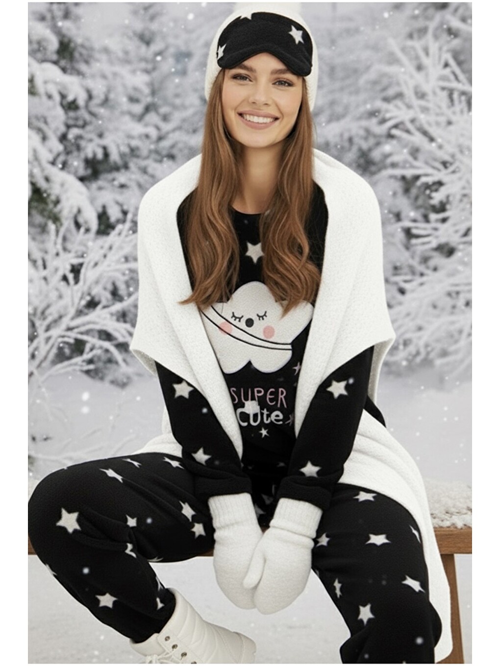 Siyah Polar Kışlık Örme Pijama Takım