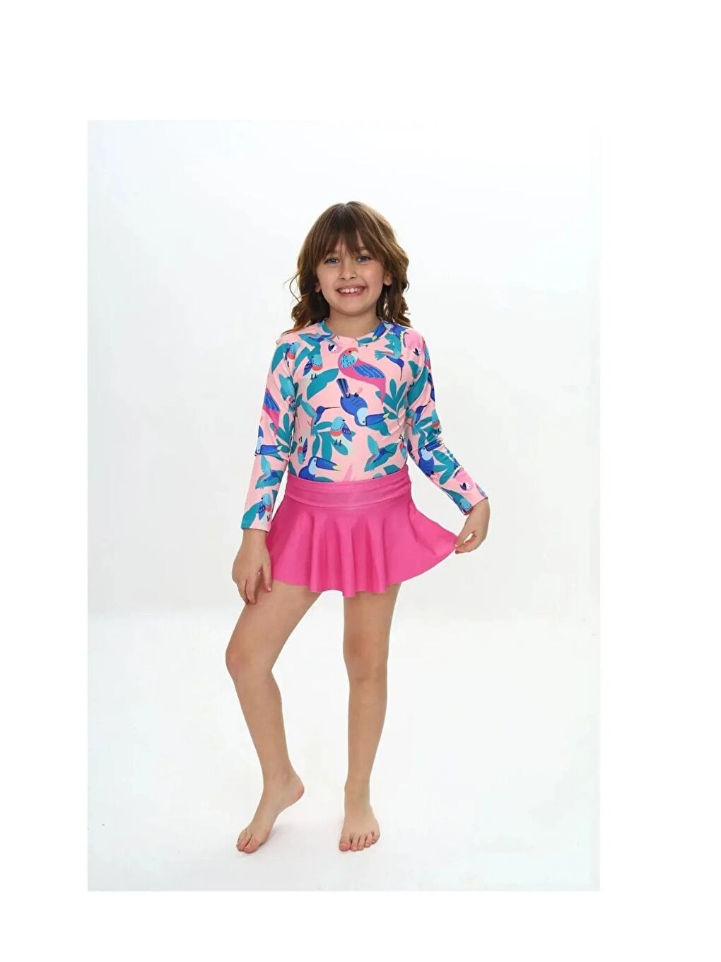 Pembe Etek Detaylı Kız Çocuk Renkli 2 li Mayo-1